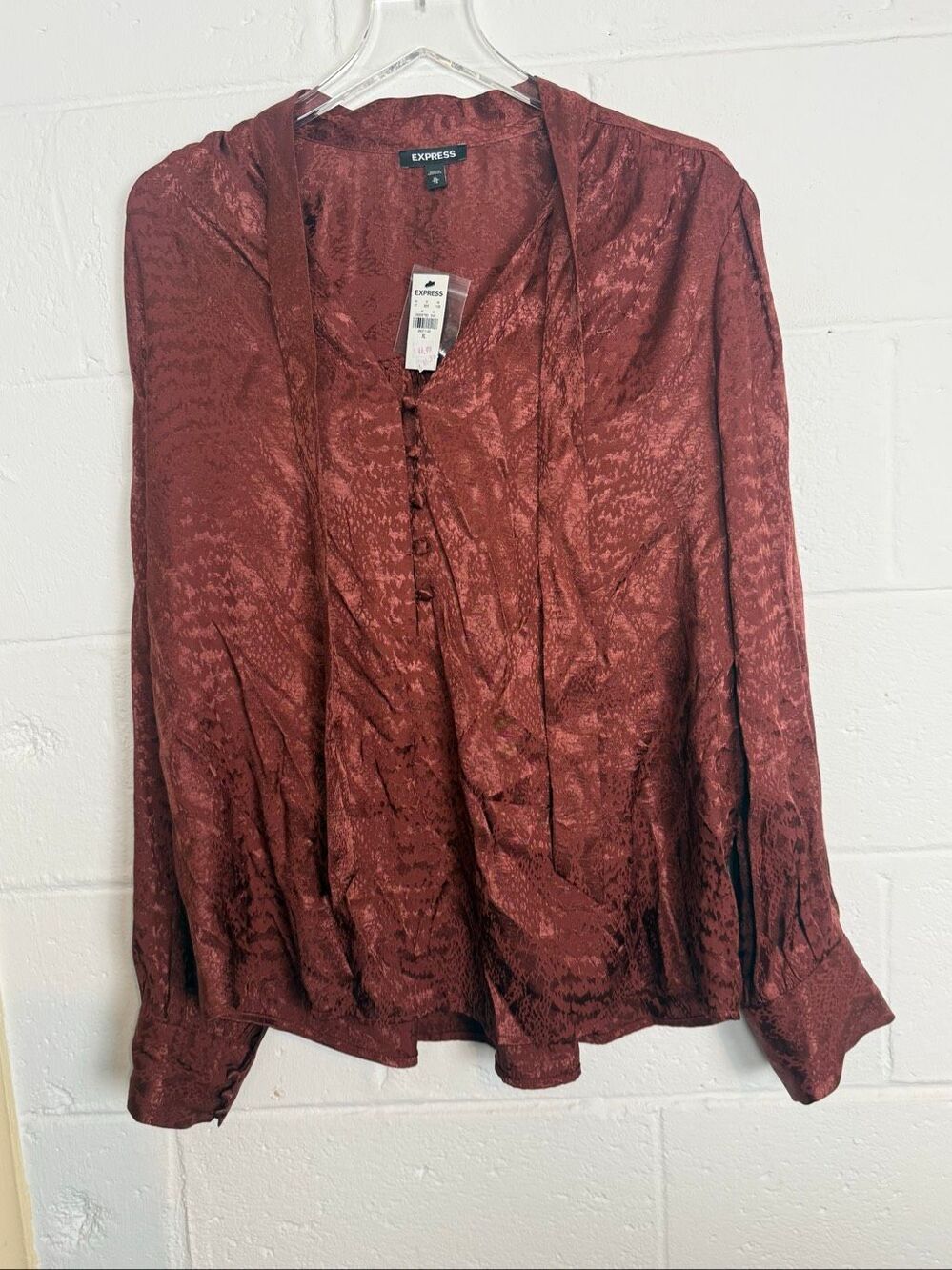 Express Women’s XL Rust Satin Jacquard Tie Neck Blouse NWT Dark Academia